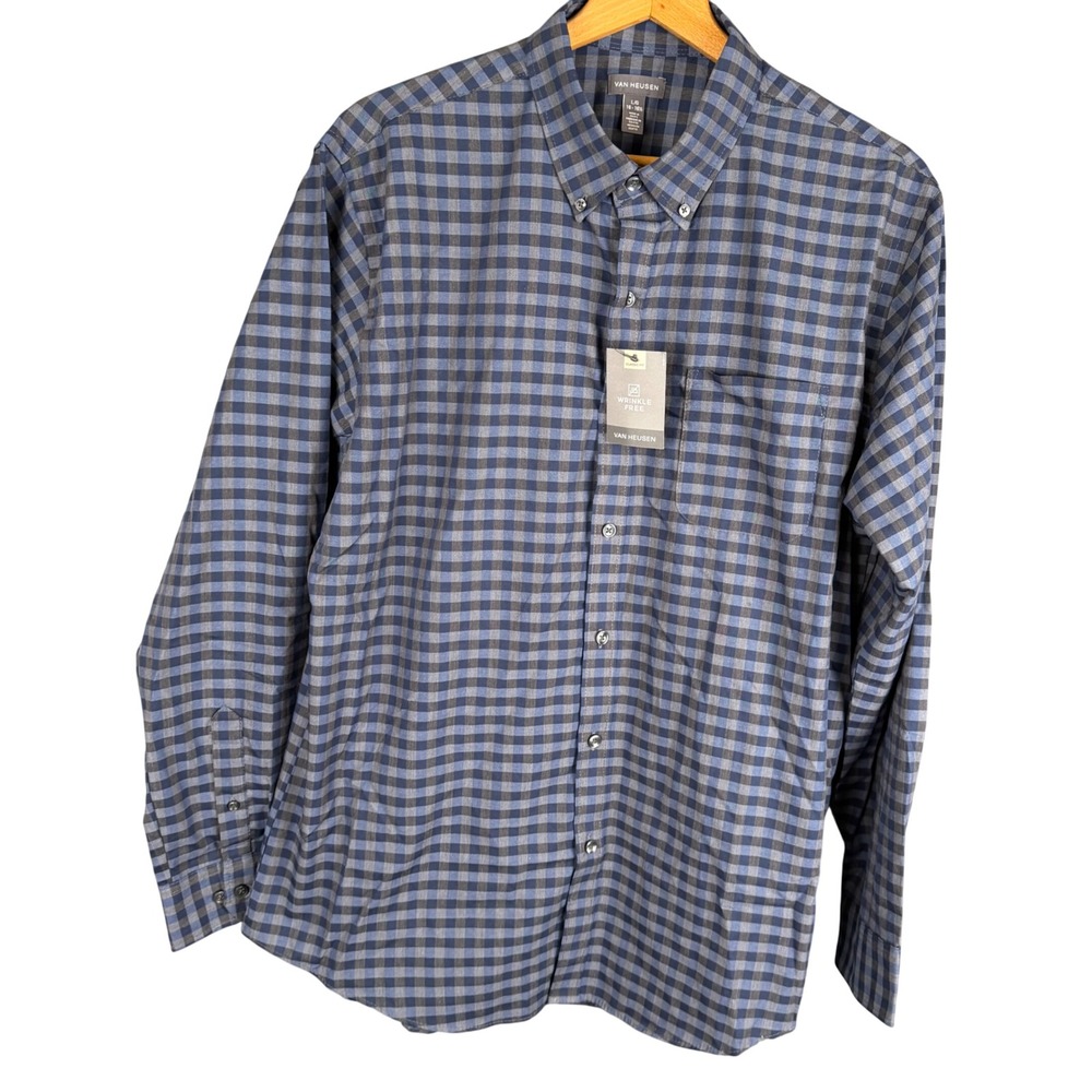 Van Heusen Mens Large Long Sleeve Wrinkle Free Gingham Button Down Shirt Blue